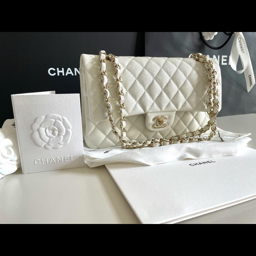 SOLD 2021 White Chanel Classic Caviar Gold-Tone Metal